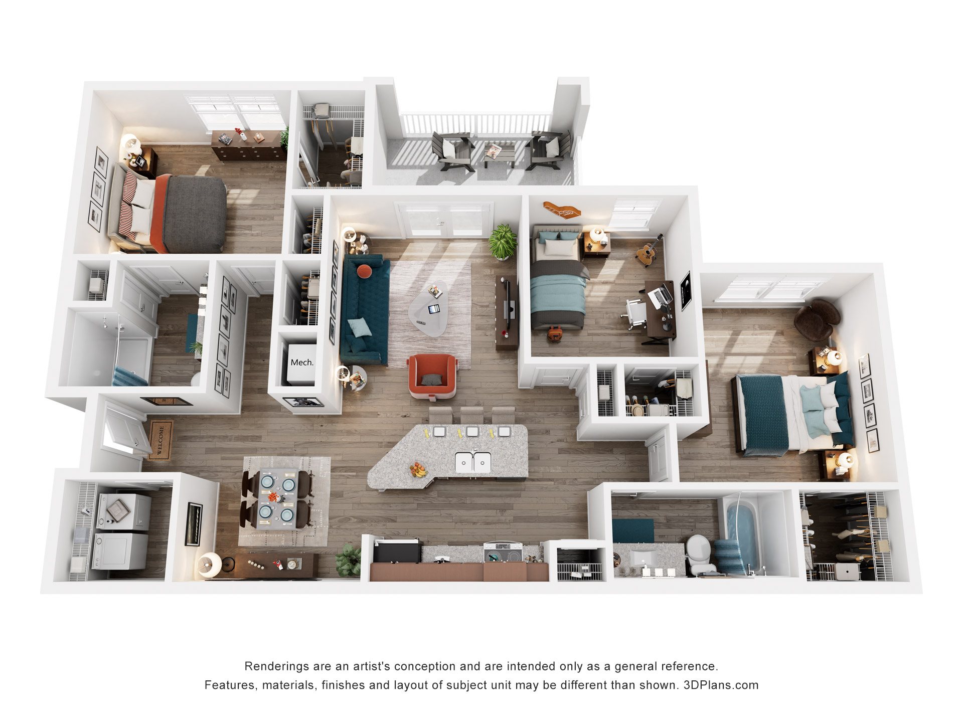Floor plan for 3 beds, 2 baths, 1431 sqft